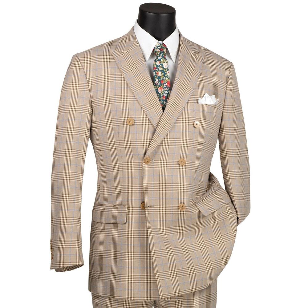 VINCI Men's  Beige Glen Plaid Double-Breasted Classic-Fit Jacket